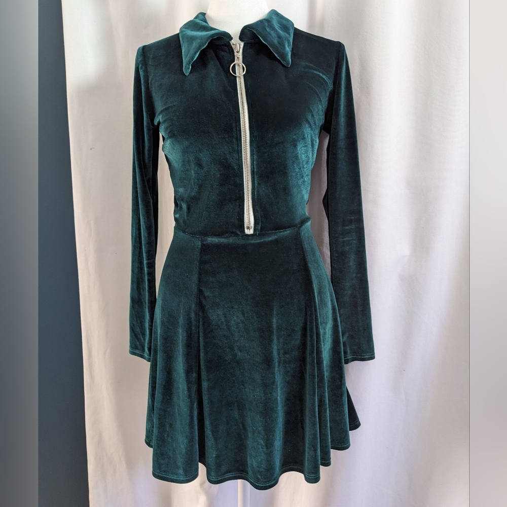 Valfre Julia Green Velvet Mini Dress Zipper Skater Schoolgirl Goth Punk Small